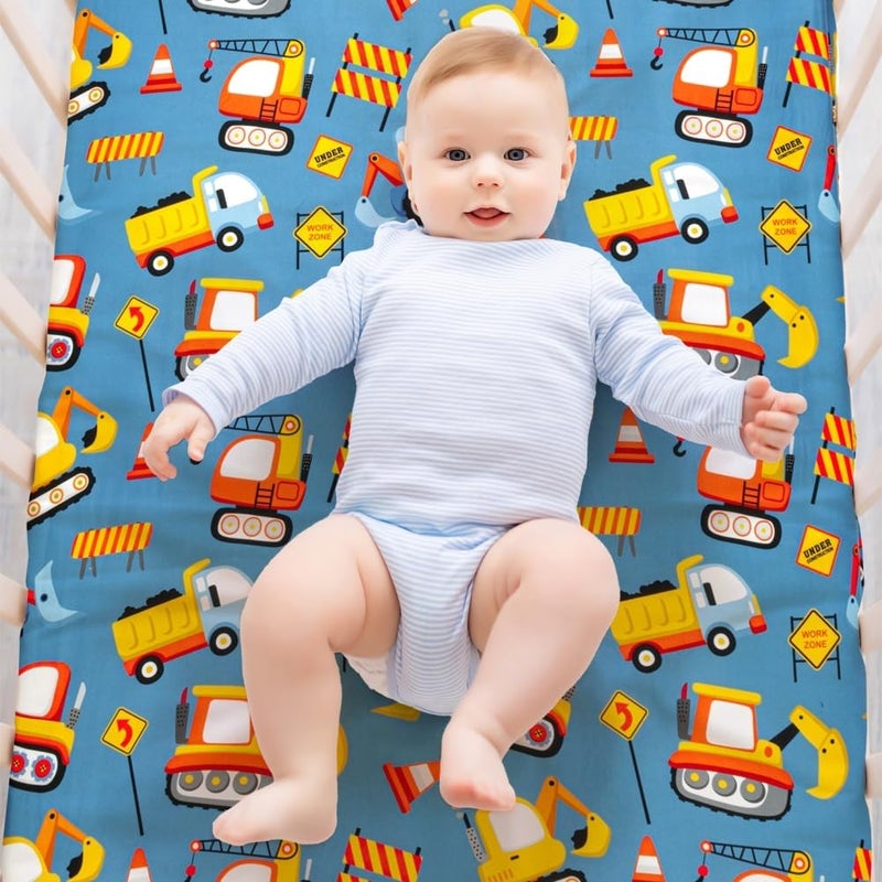 FIGEPO 4 Pack Baby Boy Pack N Play Mini Crib Sheets Soft Fitted Baby Boy Mattress Covers Construction Truck Theme Breathable Toddler Sheets for Infant (Construction Truck, Pack N Play Mini Crib Sheets) - Image 3